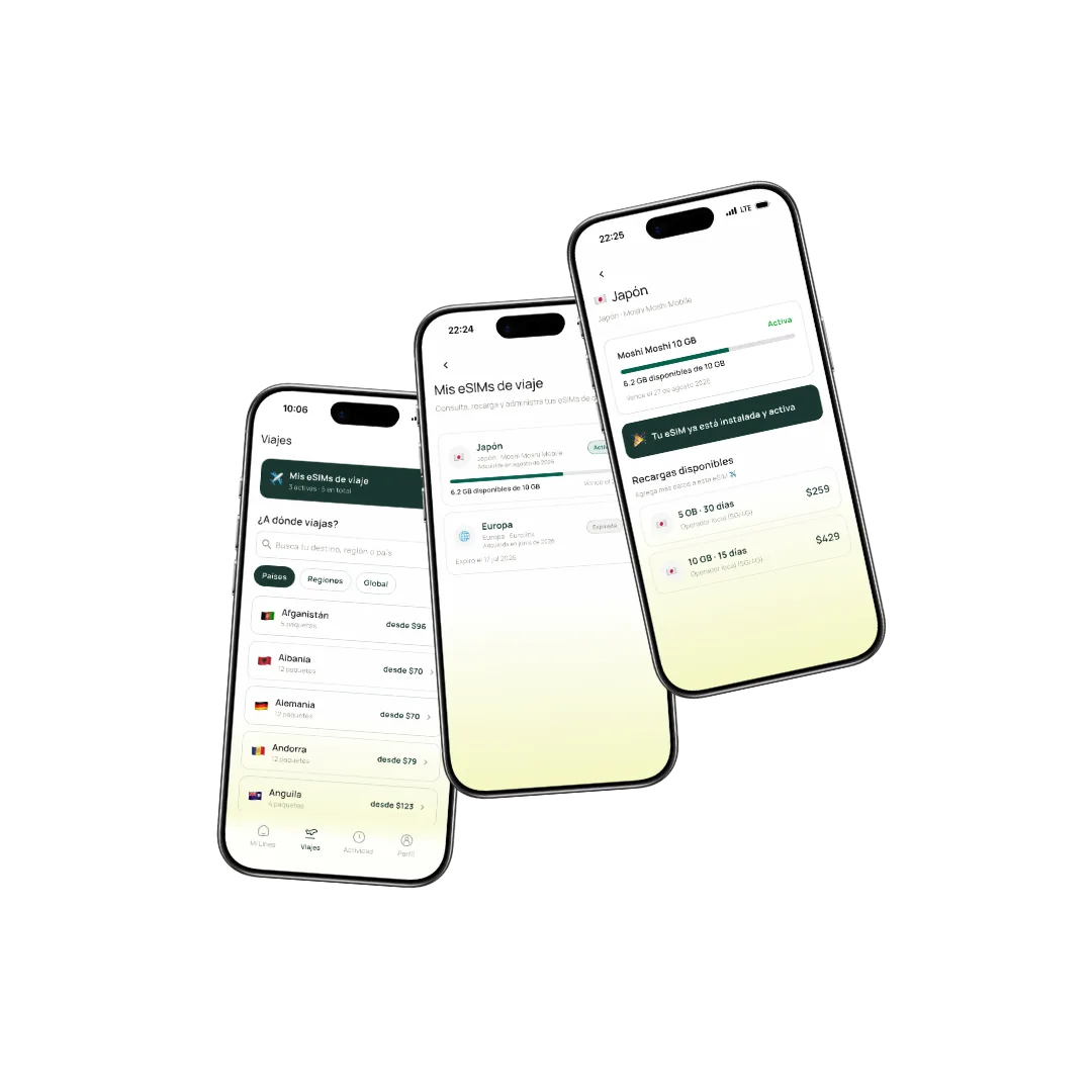 Pantallas de la app de supr mostrando la compra y gestión de eSIMs de viaje