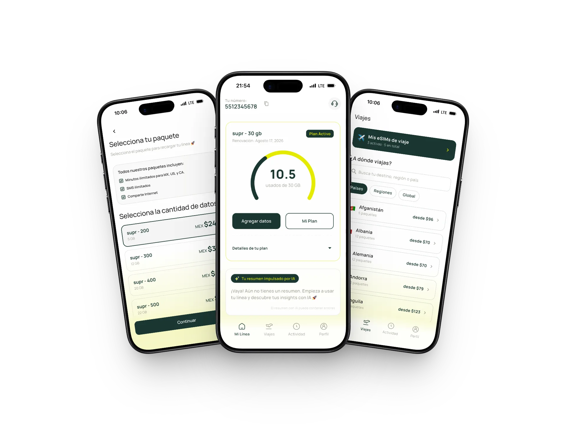 Tres pantallas de la app de supr: selección de paquete, consumo de tu línea y eSIMs de viaje
