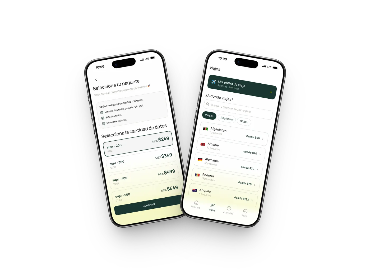 Dos pantallas de la app de supr: la selección de paquetes de datos y las eSIMs de viaje por país